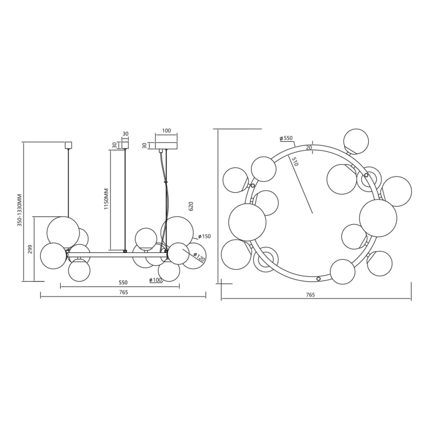 Chandelier on a string MILA 14xG9/9W/230V black/grey