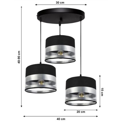Chandelier on a string MILO 3xE27/60W/230V silver/black