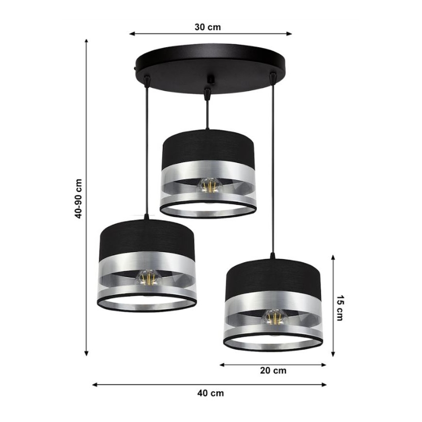 Chandelier on a string MILO 3xE27/60W/230V silver/black