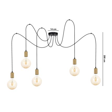 Chandelier on a string MIROS 5xE27/60W/230V spider black/gold