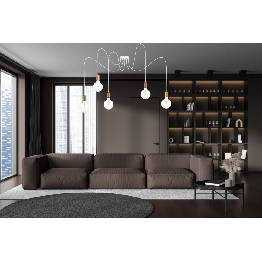Chandelier on a string MIROS 5xE27/60W/230V spider white/gold