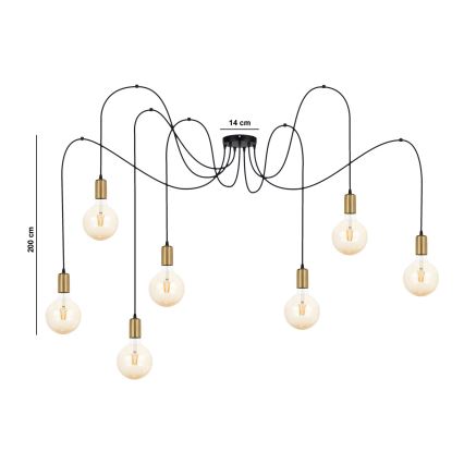 Chandelier on a string MIROS 7xE27/60W/230V spider black/gold