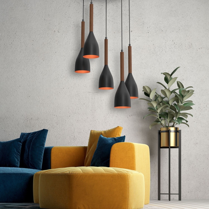 Chandelier on a string MUZA 5xE27/15W/230V black/brown/copper/beech