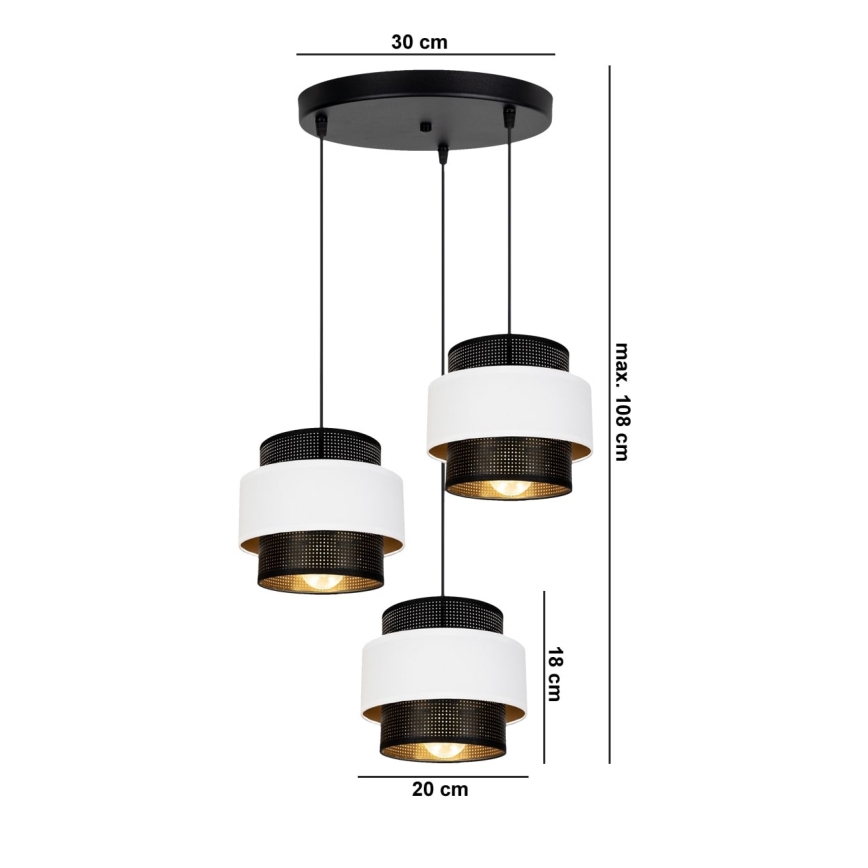 Chandelier on a string NESS 3xE27/60W/230V d. 45 cm black/white