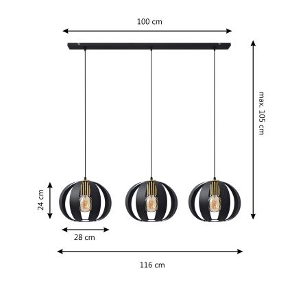 Chandelier on a string NEWTON 3xE27/15W/230V black/gold