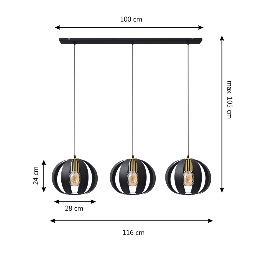 Chandelier on a string NEWTON 3xE27/15W/230V black/gold