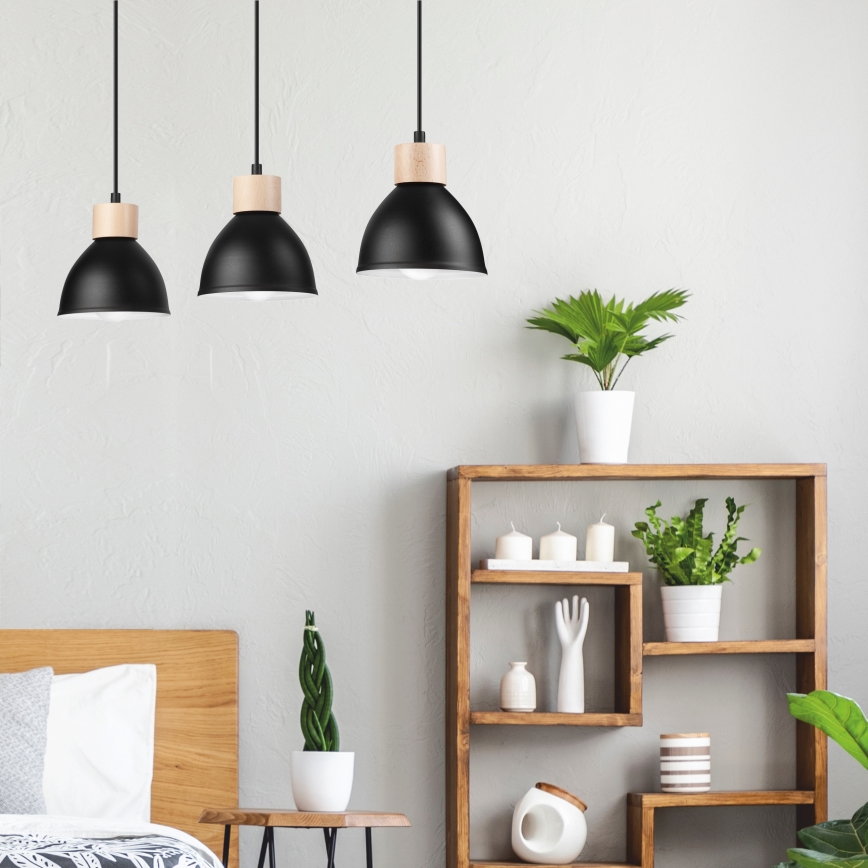 Chandelier on a string NICO 3xE27/60W/230V black/beech