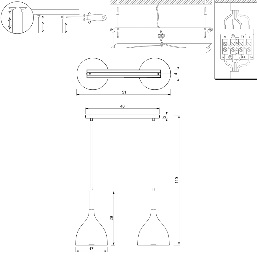 Chandelier on a string NOAK 2xE27/15W/230V beige/gold