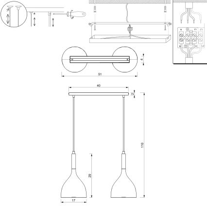 Chandelier on a string NOAK 2xE27/15W/230V brass/gold