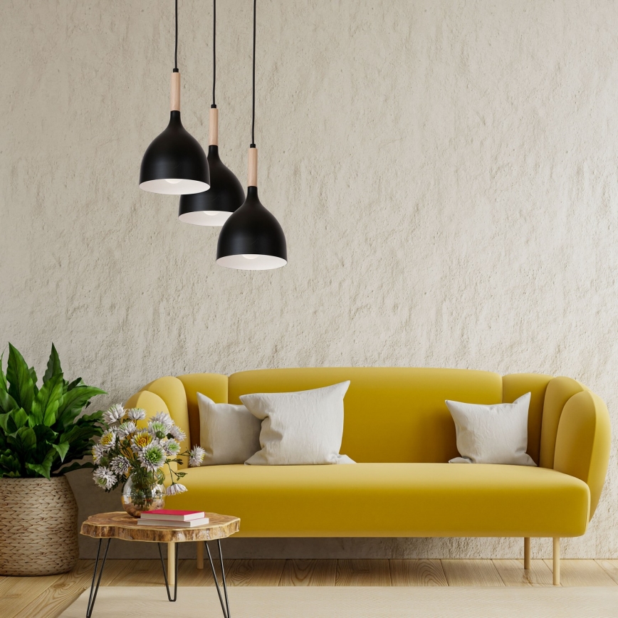 Chandelier on a string NOAK WOOD 3xE27/15W/230V black/beech