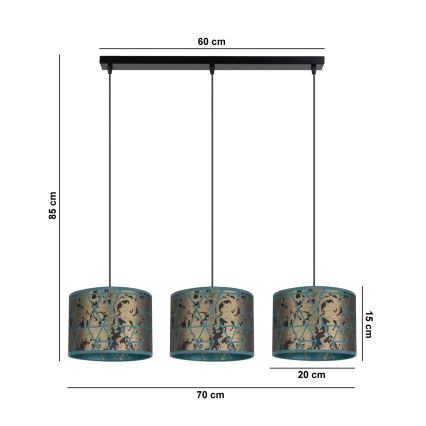 Chandelier on a string REZO 3xE27/60W/230V gold/turquoise