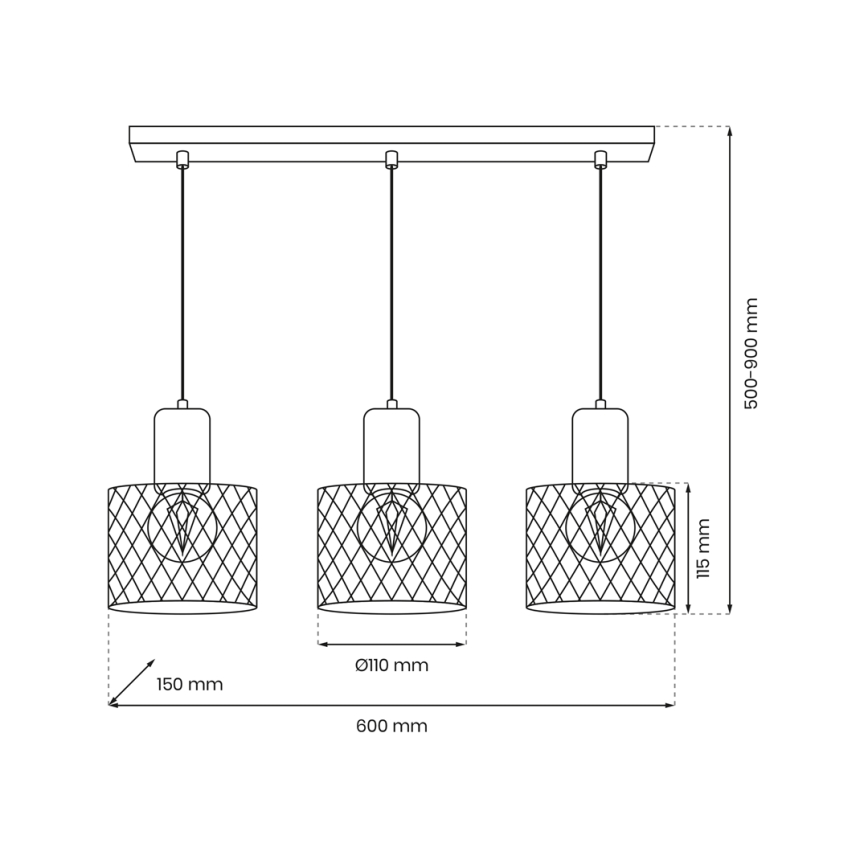 Chandelier on a string SOBRESA 3xE27/60W/230V black/wood