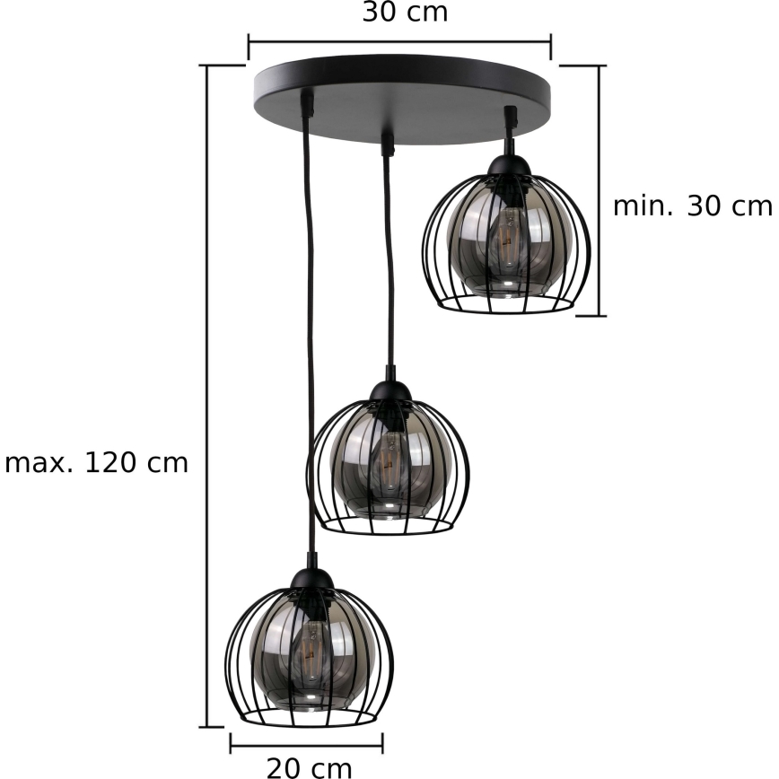 Chandelier on a string SOLO BLACK 3xE27/60W/230V d. 30 cm