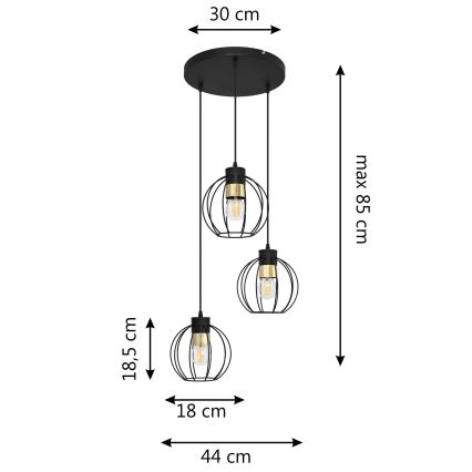 Chandelier on a string STARLIGHT 3xE27/15W/230V black/gold