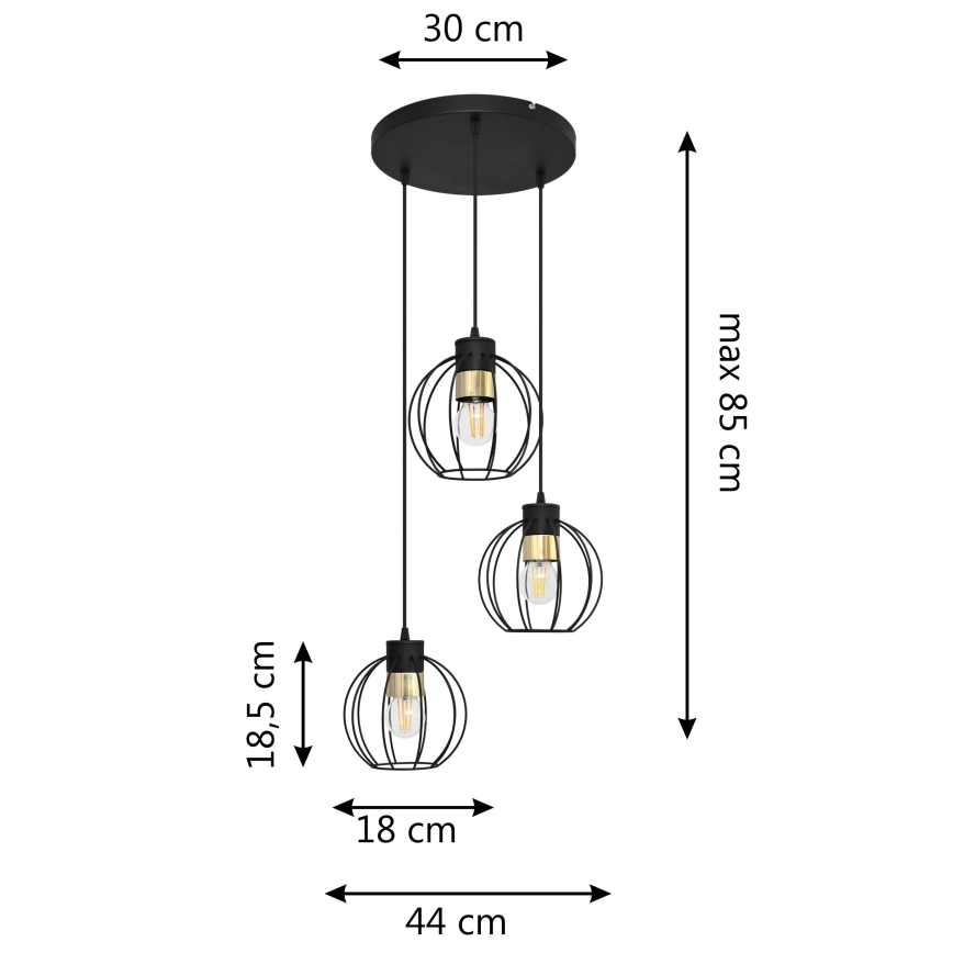 Chandelier on a string STARLIGHT 3xE27/15W/230V black/gold