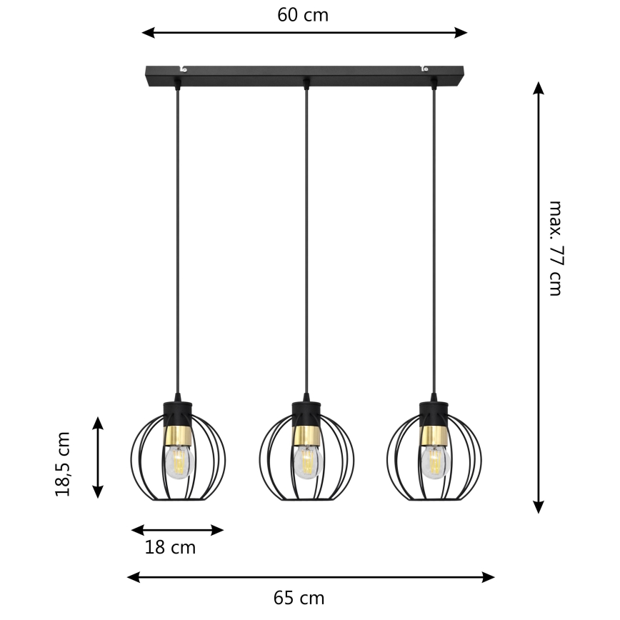 Chandelier on a string STARLIGHT 3xE27/15W/230V black/gold