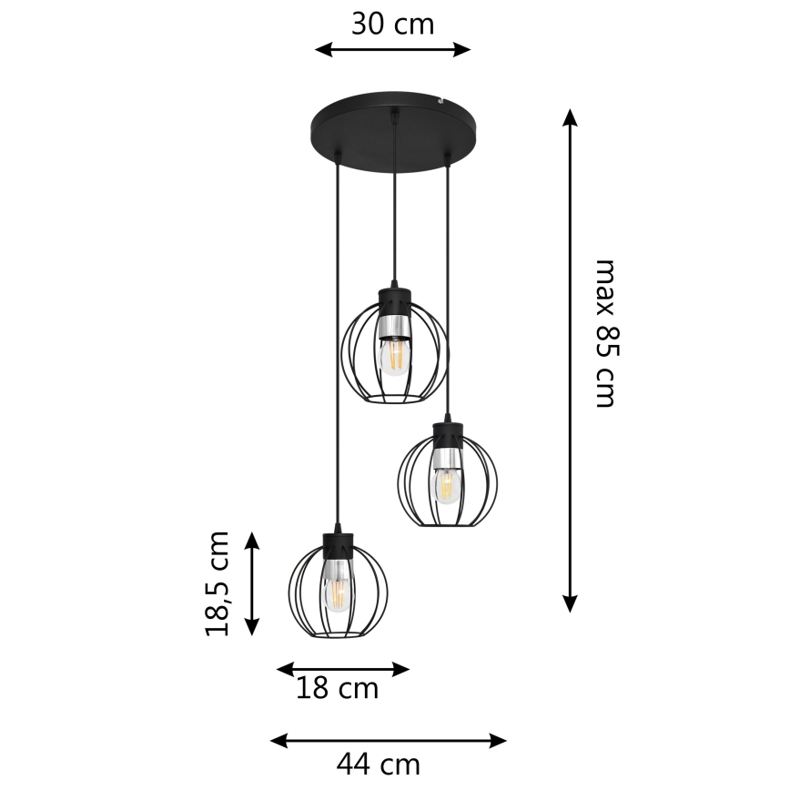 Chandelier on a string STARLIGHT 3xE27/15W/230V black/silver