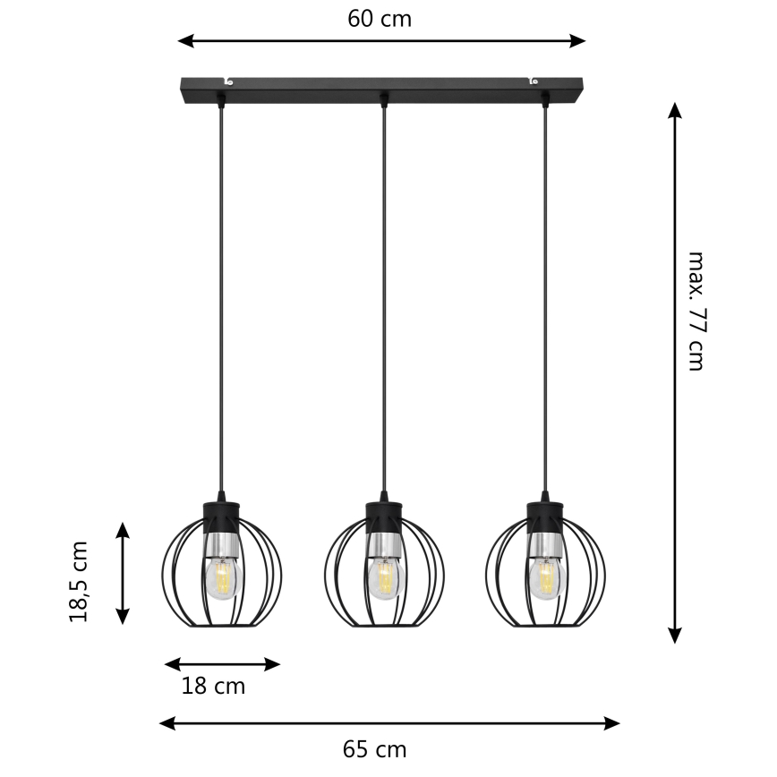 Chandelier on a string STARLIGHT 3xE27/15W/230V black/silver