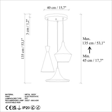 Chandelier on a string TOM 3xE27/40W/230V grey