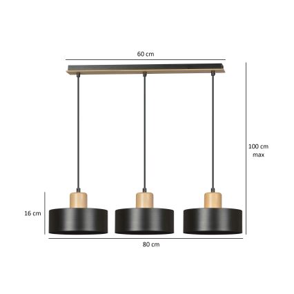 Chandelier on a string TORIN 3xE27/15W/230V black