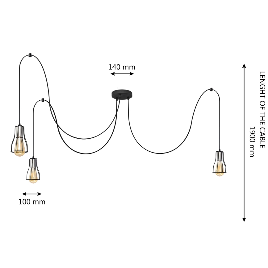 Chandelier on a string TUBE 3xE27/10W/230V spider black/shiny chrome