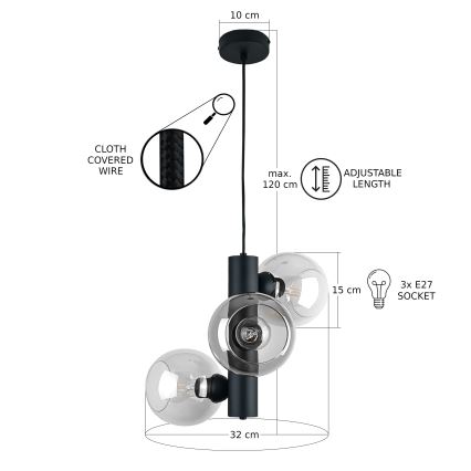 Chandelier on a string TUBE 3xE27/60W/230V black/clear