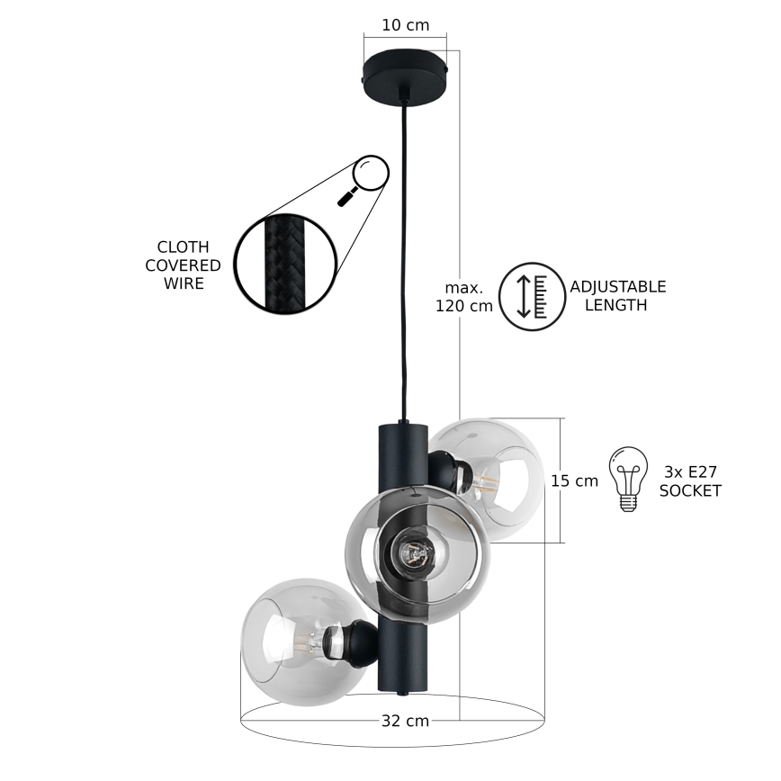 Chandelier on a string TUBE 3xE27/60W/230V black/clear