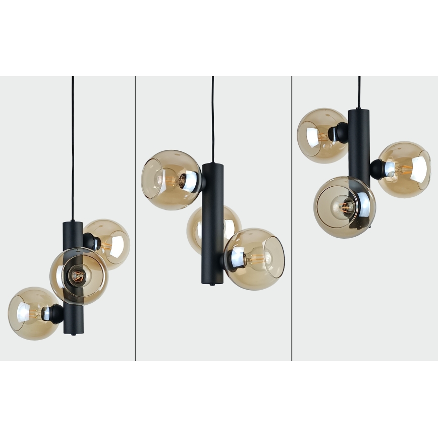 Chandelier on a string TUBE 3xE27/60W/230V black/smoky beige
