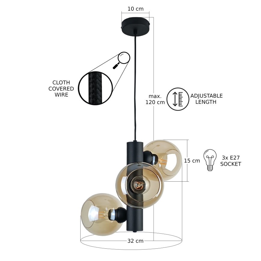 Chandelier on a string TUBE 3xE27/60W/230V black/smoky beige