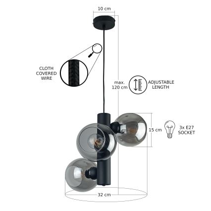 Chandelier on a string TUBE 3xE27/60W/230V black/smoky black