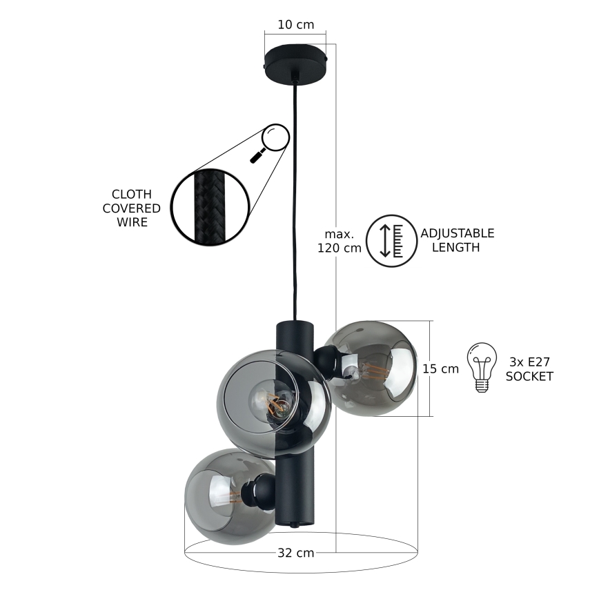 Chandelier on a string TUBE 3xE27/60W/230V black/smoky black