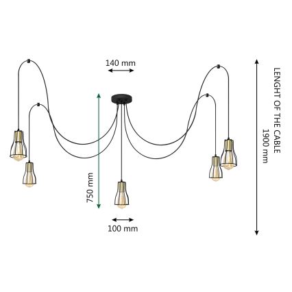 Chandelier on a string TUBE 5xE27/15W/230V spider black/shiny chrome