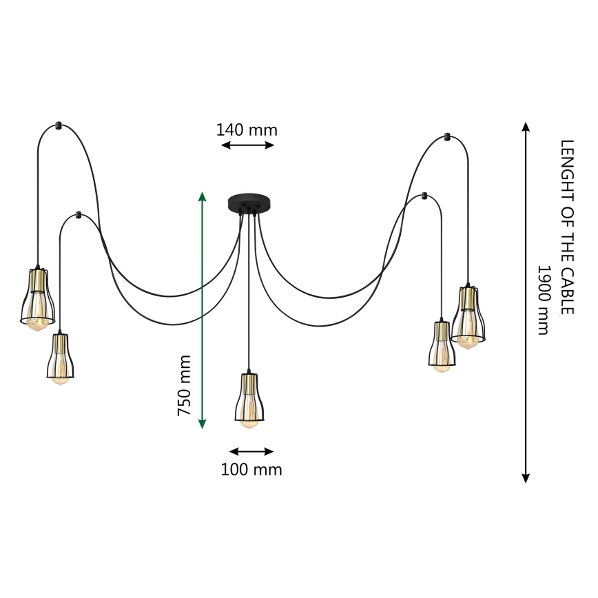Chandelier on a string TUBE 5xE27/15W/230V spider black/shiny chrome
