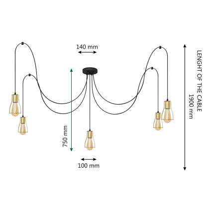 Chandelier on a string TUBE 5xE27/15W/230V spider black/gold