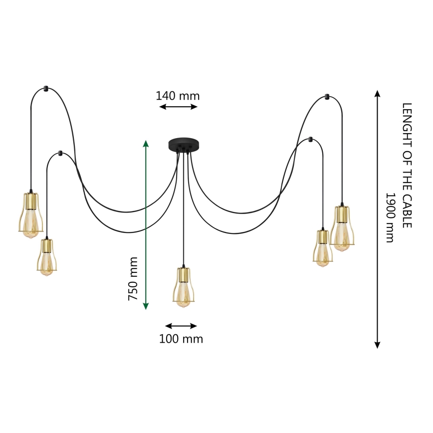 Chandelier on a string TUBE 5xE27/15W/230V spider black/gold