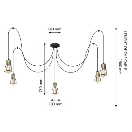 Chandelier on a string TUBE 5xE27/15W/230V spider black/gold