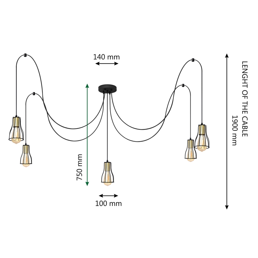Chandelier on a string TUBE 5xE27/15W/230V spider black/gold