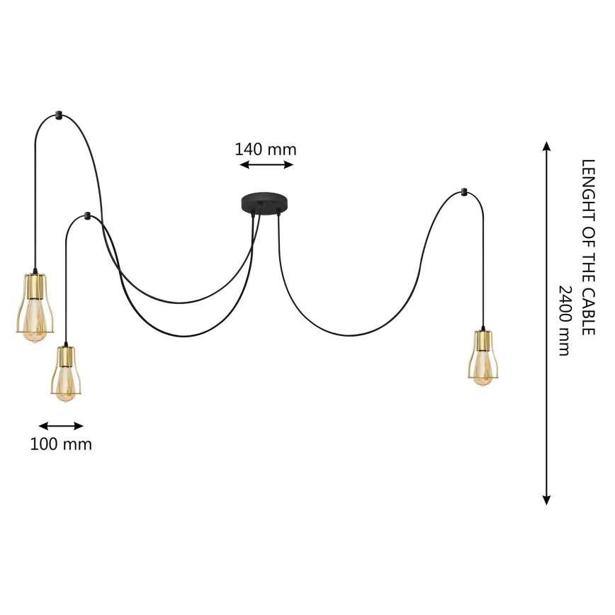Chandelier on a string TUBE LONG 3xE27/10W/230V black/gold