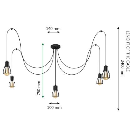 Chandelier on a string TUBE LONG 5xE27/10W/230V black