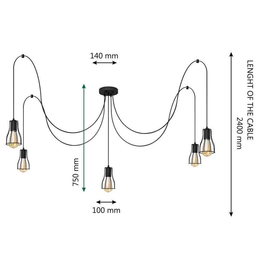 Chandelier on a string TUBE LONG 5xE27/10W/230V black