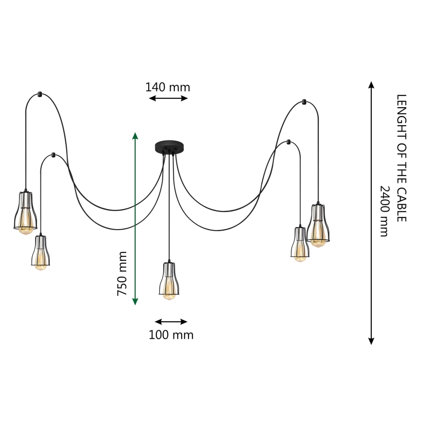 Chandelier on a string TUBE LONG 5xE27/15W/230V black/shiny chrome