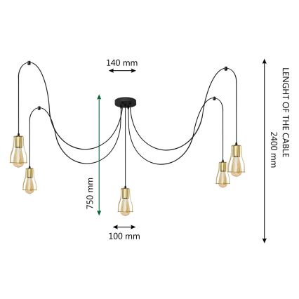 Chandelier on a string TUBE LONG 5xE27/15W/230V black/gold