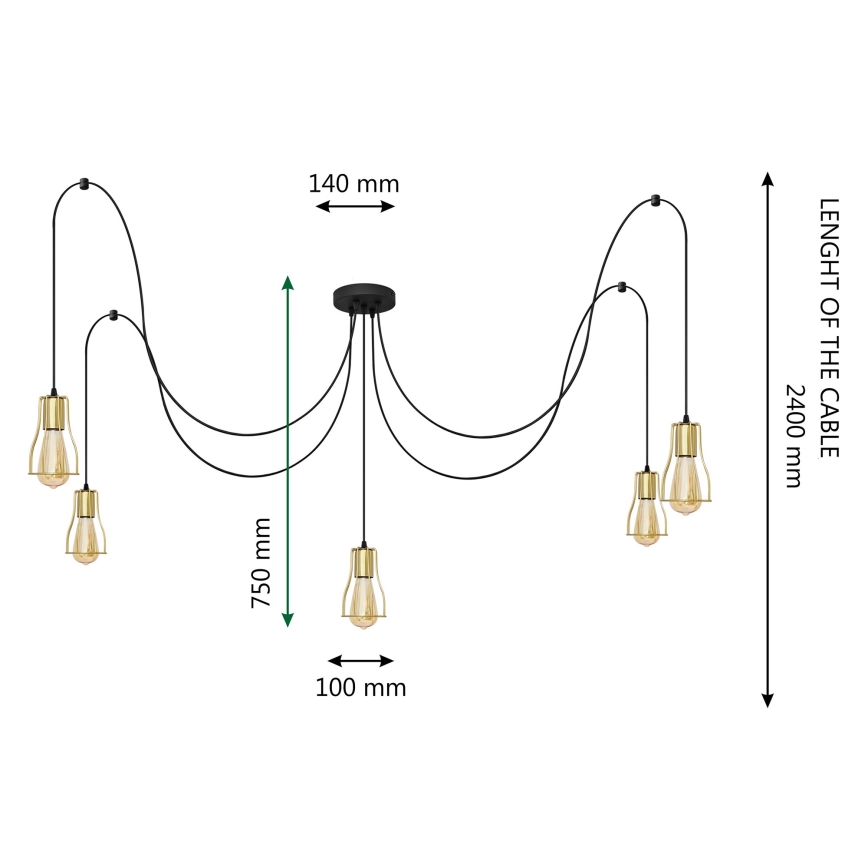 Chandelier on a string TUBE LONG 5xE27/15W/230V black/gold
