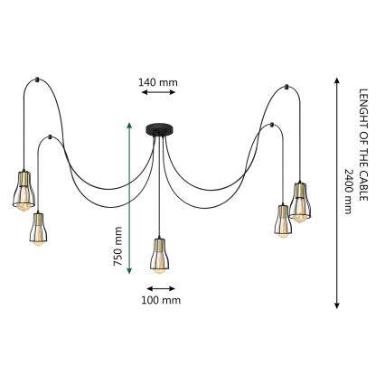 Chandelier on a string TUBE LONG 5xE27/15W/230V black/gold