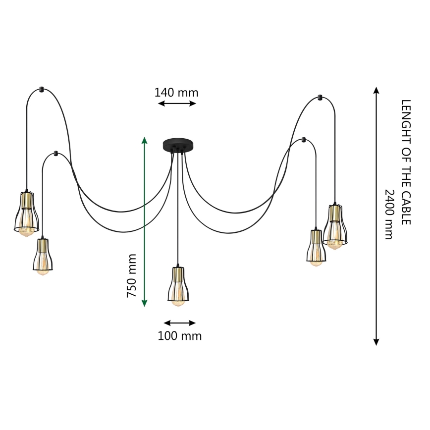 Chandelier on a string TUBE LONG 5xE27/15W/230V black/gold