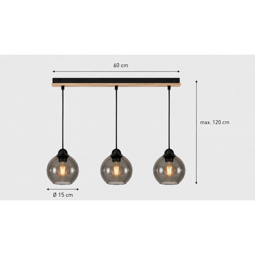 Chandelier on a string UNO WOOD 3xE27/60W/230V black/brown