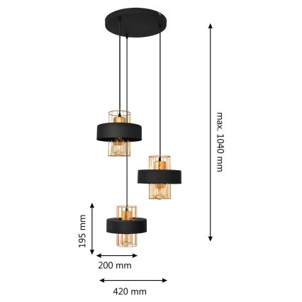 Chandelier on a string VOLTA 3xE27/15W/230V black/gold
