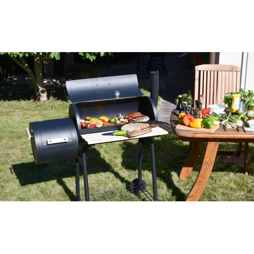 Charcoal grill with smoke house black/wood
