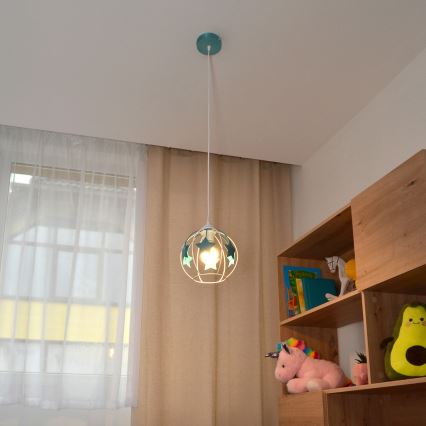 Children's chandelier on a string STARS 1xE27/15W/230V turquoise/white