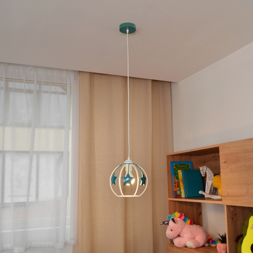 Children's chandelier on a string STARS 1xE27/15W/230V turquoise/white